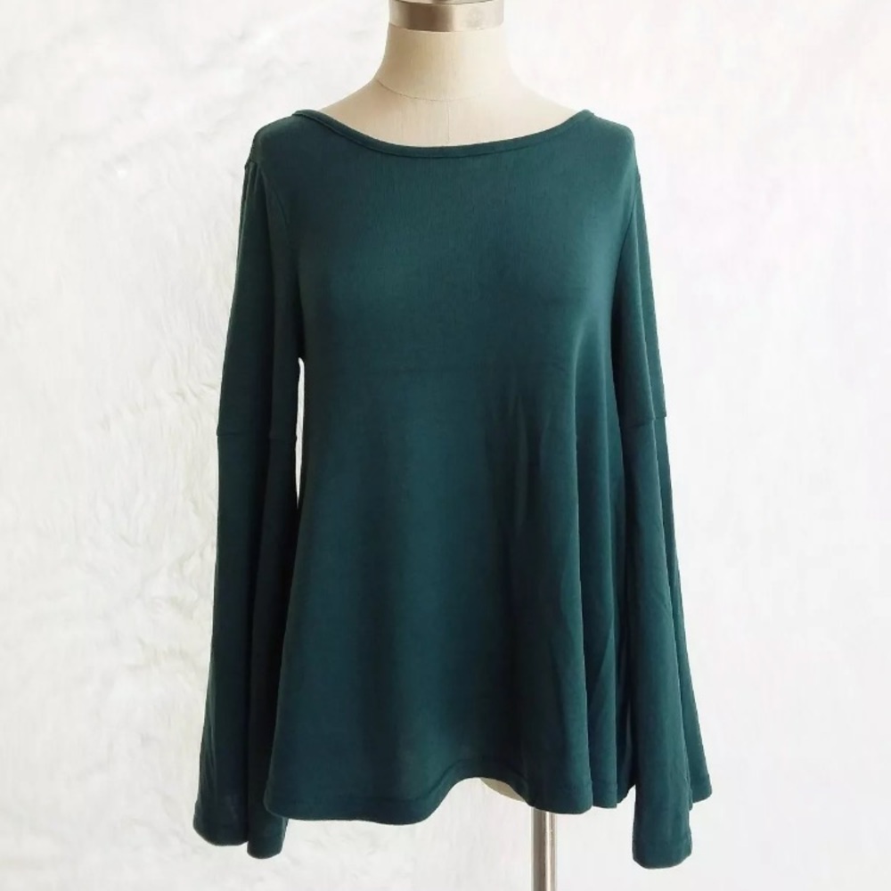 🍂🍁 JACK BB DAKOTA KNIT TOP HUNTER GREEN BOHO BELL SLEEVES TIE BACK BLOUSE NWT